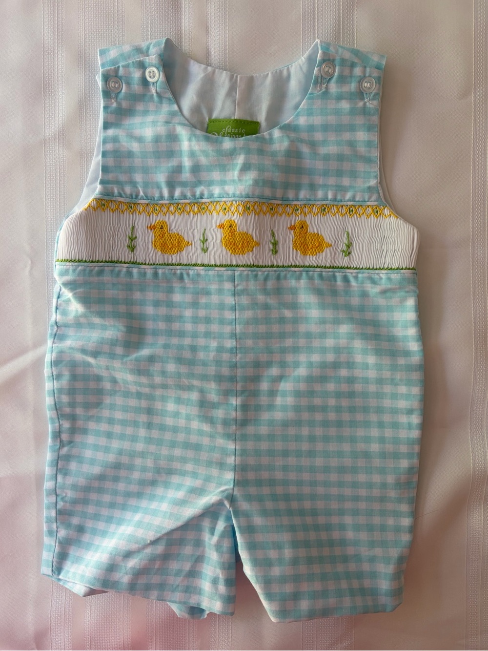 Classic Whimsy Duck Gingham Smocked JonJon Romper 6m